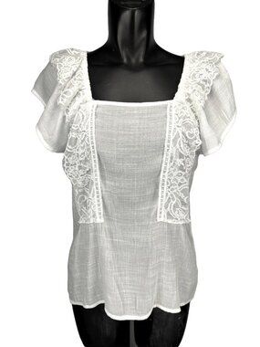 HARVÉ BENARD Victorian Lace Semi-Sheer Short Sleeve White Blouse Sz L